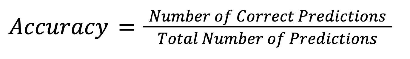 Formula. Accuracy equals number of correct predictions divided by total number of predictions